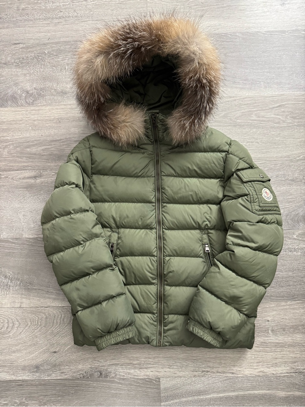 Moncler Kids Olive Green Down Puffer with Fur-Trim Hood